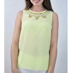 Lilly Pulitzer Havana 100% Silk Embellished Top in‎ Kelp Green Yellow Size XS